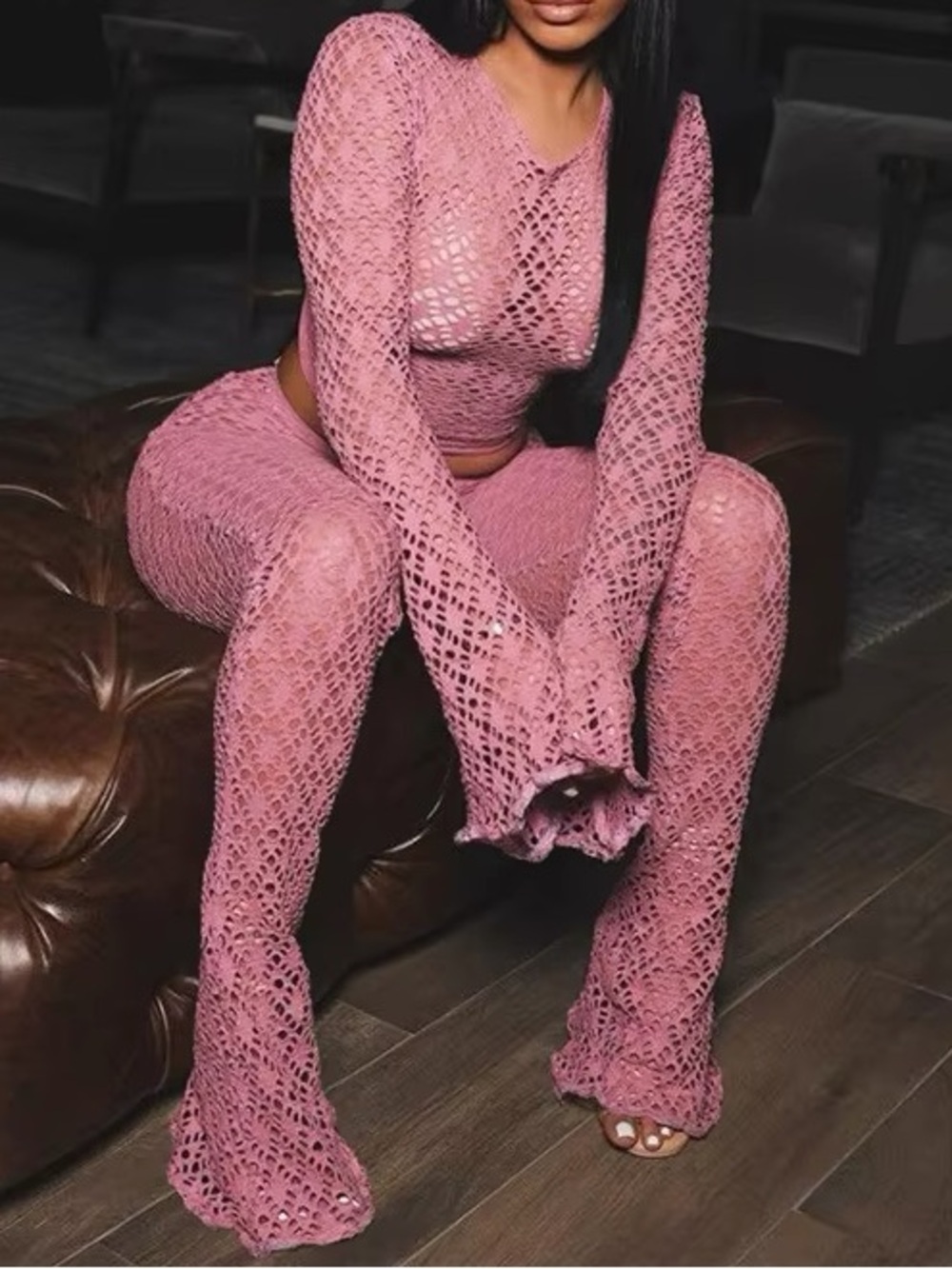 Pink set top &  High-Waist Flared Pants